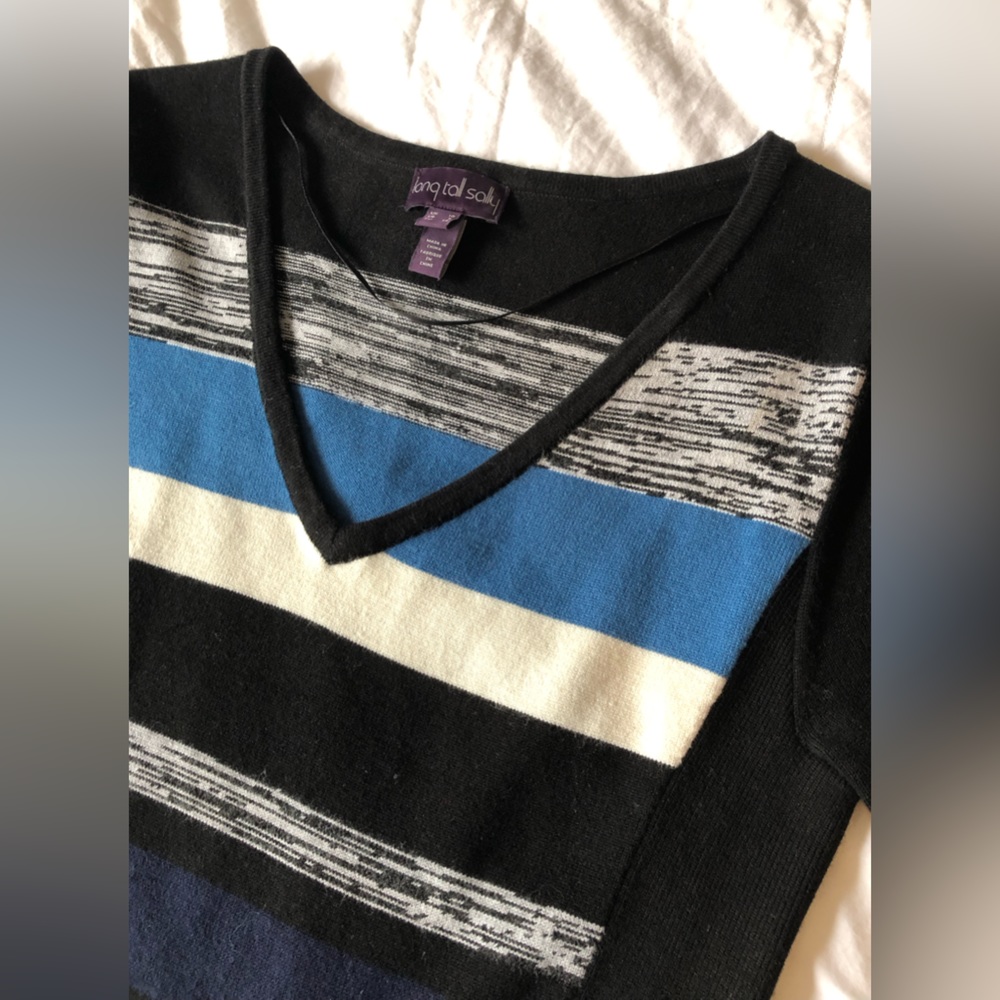 Long tall sally size 6 sweater dress colorblock black blue white illusion V neck